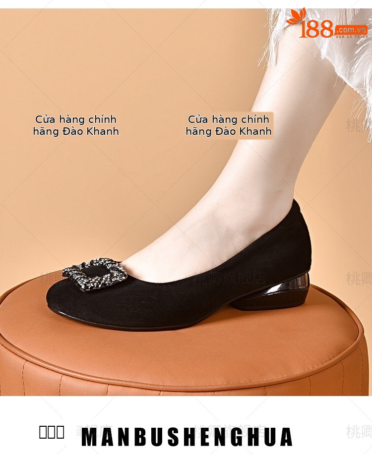 Giày lười nữ da thật mũi vuông đế bệt miệng nông — Màu đen chi tiết 10