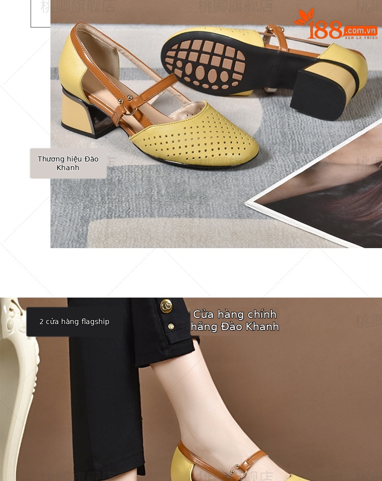 Sandal da thật nữ mũi kín đế mềm gót vuông 2.5 cm phối váy — Gót màu be cao 2.5 cm da thật chi tiết 13