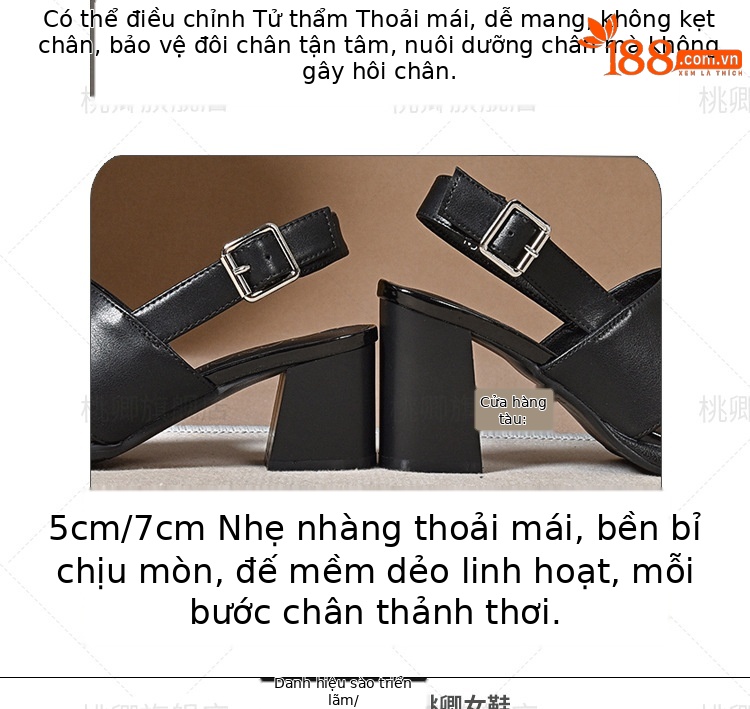 Sandal da thật nữ gót vuông 7 cm hở mũi kiểu La Mã — Gót màu be cao 7 cm da thật chi tiết 5