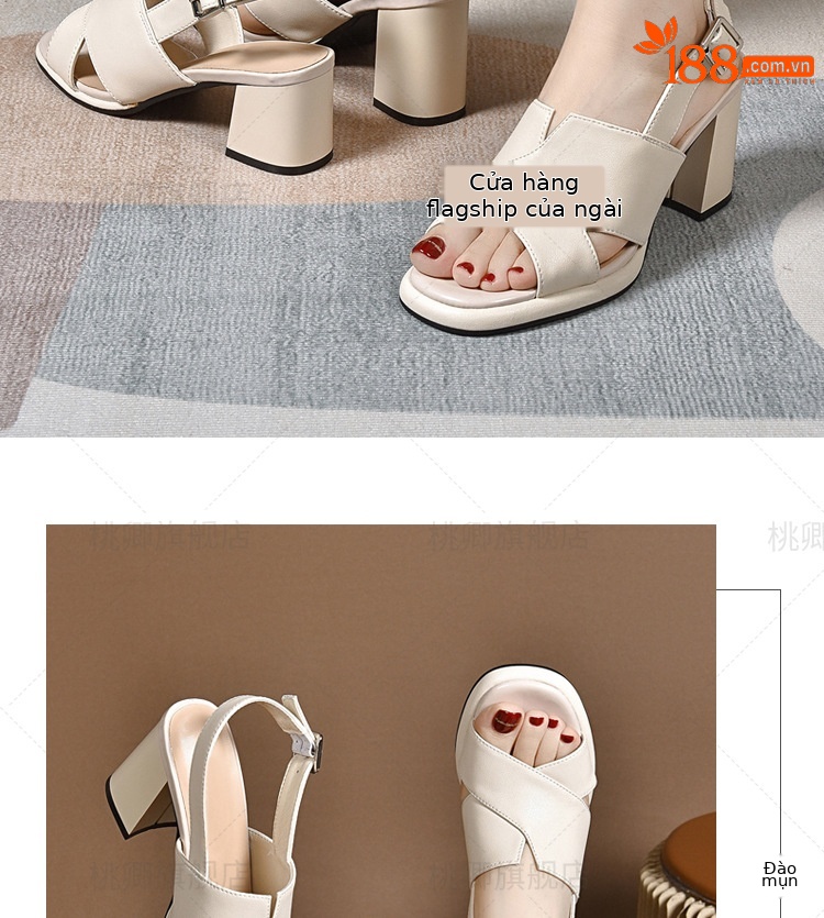 Sandal da thật nữ gót vuông 7 cm hở mũi kiểu La Mã — Gót màu be cao 7 cm da thật chi tiết 7