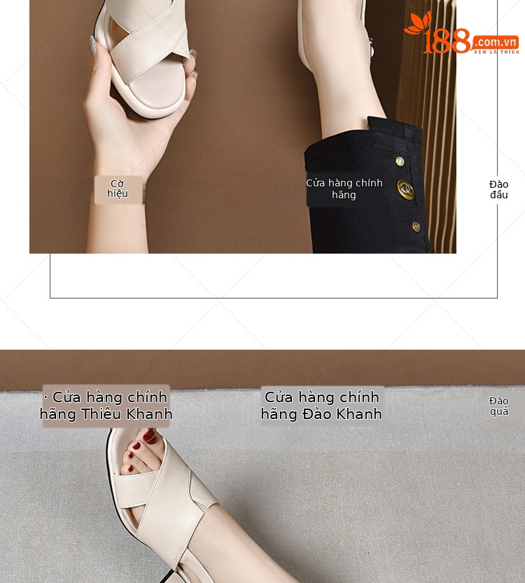 Sandal da thật nữ gót vuông 7 cm hở mũi kiểu La Mã — Gót màu be cao 7 cm da thật chi tiết 8