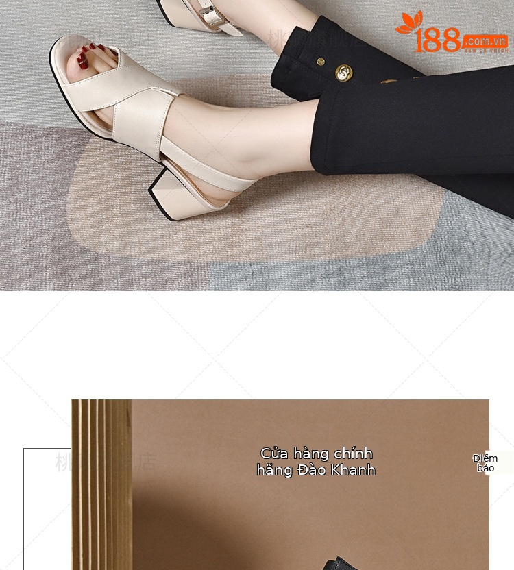 Sandal da thật nữ gót vuông 7 cm hở mũi kiểu La Mã — Gót màu be cao 7 cm da thật chi tiết 9