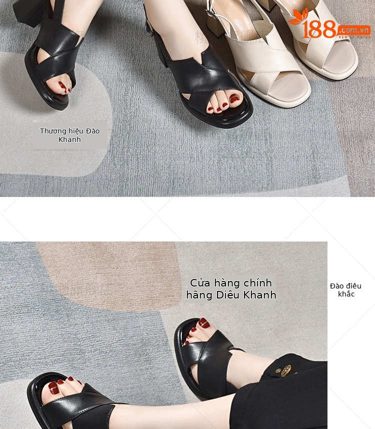 Sandal da thật nữ gót vuông 7 cm hở mũi kiểu La Mã — Gót màu be cao 7 cm da thật chi tiết 11