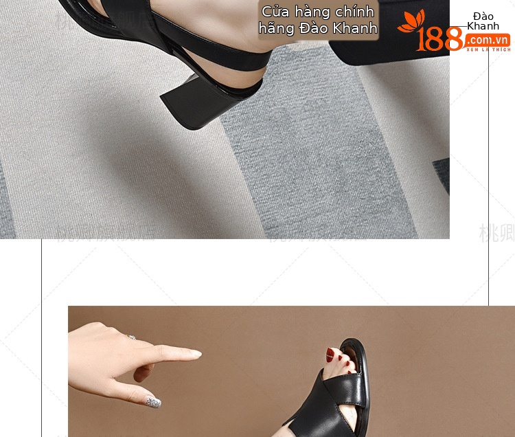 Sandal da thật nữ gót vuông 7 cm hở mũi kiểu La Mã — Gót màu be cao 7 cm da thật chi tiết 12