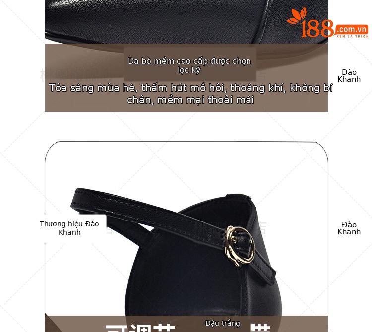 Sandal nữ da thật mũi kín gót vuông 4 cm mũi nhọn công sở mùa hè — Gót đen cao 4 cm chi tiết 4
