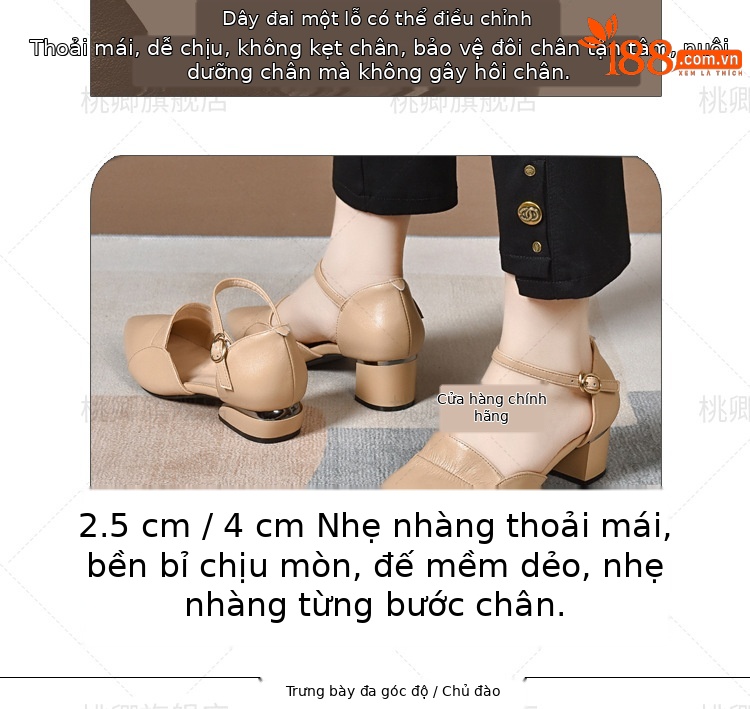 Sandal nữ da thật mũi kín gót vuông 4 cm mũi nhọn công sở mùa hè — Gót đen cao 4 cm chi tiết 5