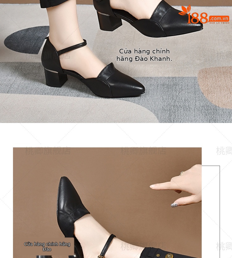 Sandal nữ da thật mũi kín gót vuông 4 cm mũi nhọn công sở mùa hè — Gót đen cao 4 cm chi tiết 7