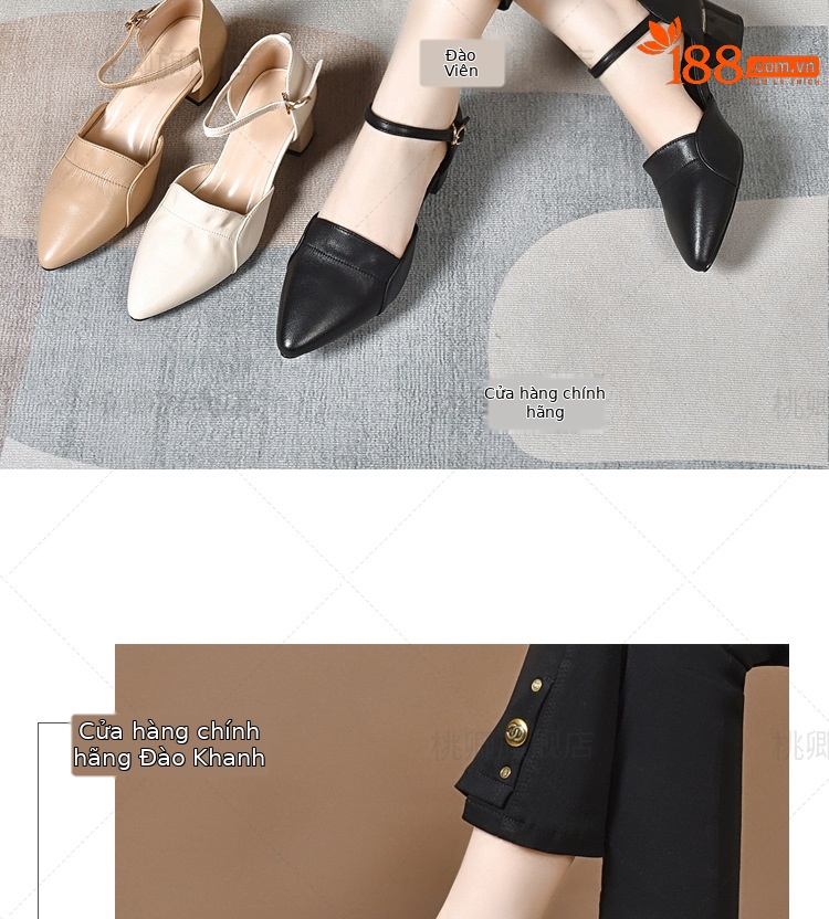 Sandal nữ da thật mũi kín gót vuông 4 cm mũi nhọn công sở mùa hè — Gót đen cao 4 cm chi tiết 9