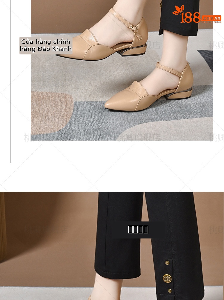Sandal nữ da thật mũi kín gót vuông 4 cm mũi nhọn công sở mùa hè — Gót đen cao 4 cm chi tiết 10