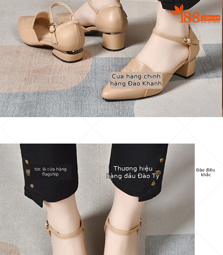 Sandal nữ da thật mũi kín gót vuông 4 cm mũi nhọn công sở mùa hè — Gót đen cao 4 cm chi tiết 11