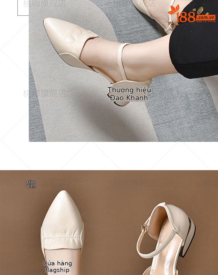 Sandal nữ da thật mũi kín gót vuông 4 cm mũi nhọn công sở mùa hè — Gót đen cao 4 cm chi tiết 13