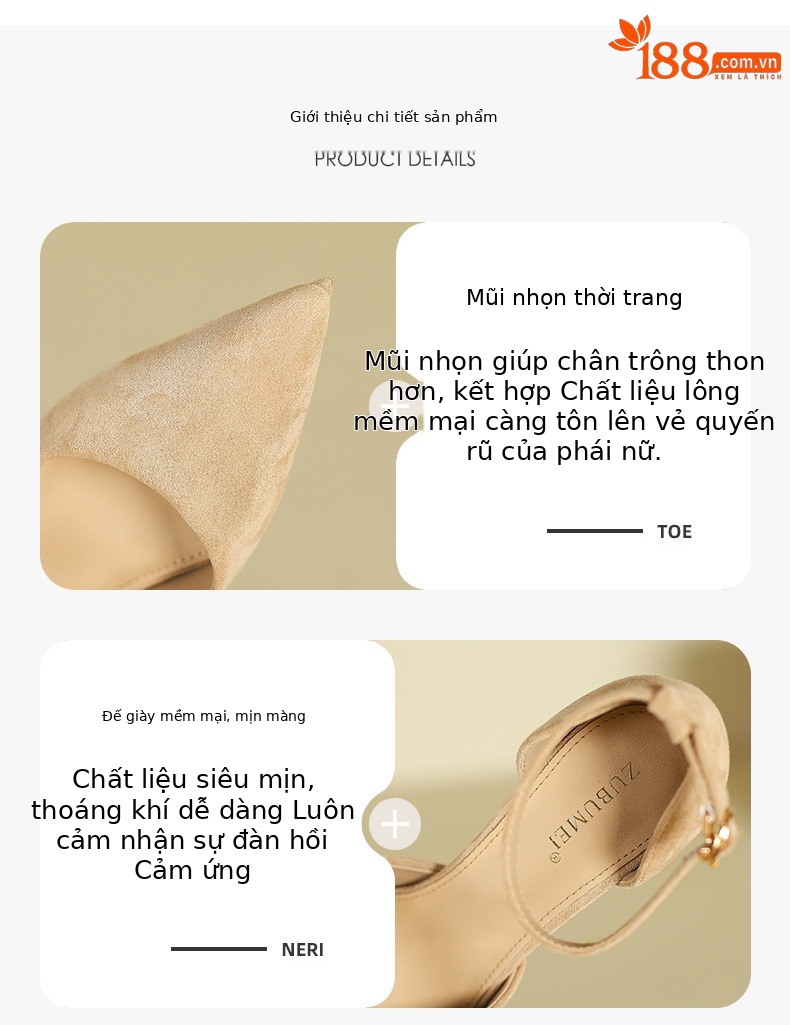 Sandal cao gót nữ mũi nhọn gót 10 cm phong cách tiên nữ — Da bóng màu nude 10cm chi tiết 2