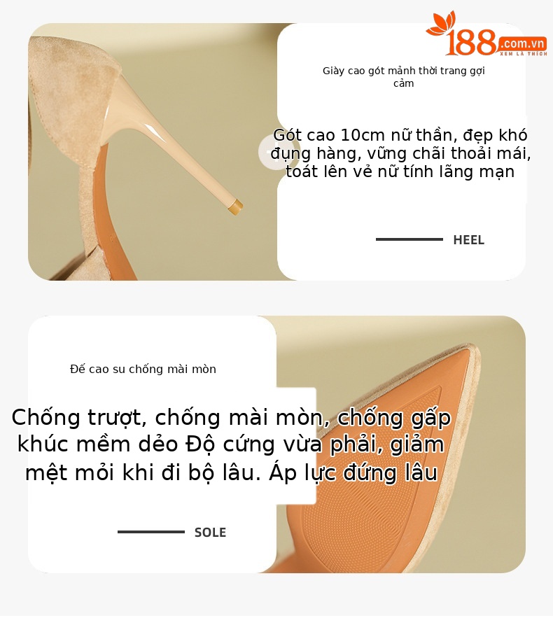 Sandal cao gót nữ mũi nhọn gót 10 cm phong cách tiên nữ — Da bóng màu nude 10cm chi tiết 3
