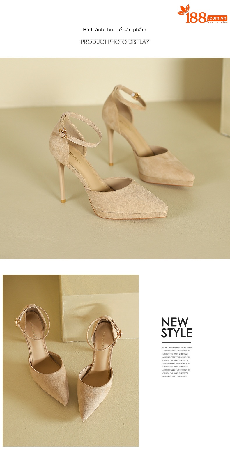 Sandal cao gót nữ mũi nhọn gót 10 cm phong cách tiên nữ — Da bóng màu nude 10cm chi tiết 9