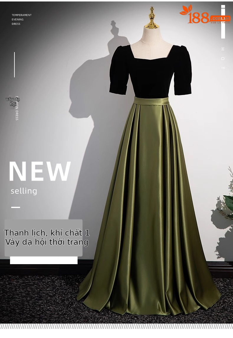 Đầm dạ hội maxi nữ thắt eo cổ chữ V không tay thêu hoa đuôi cá — Màu xanh lá chi tiết 1
