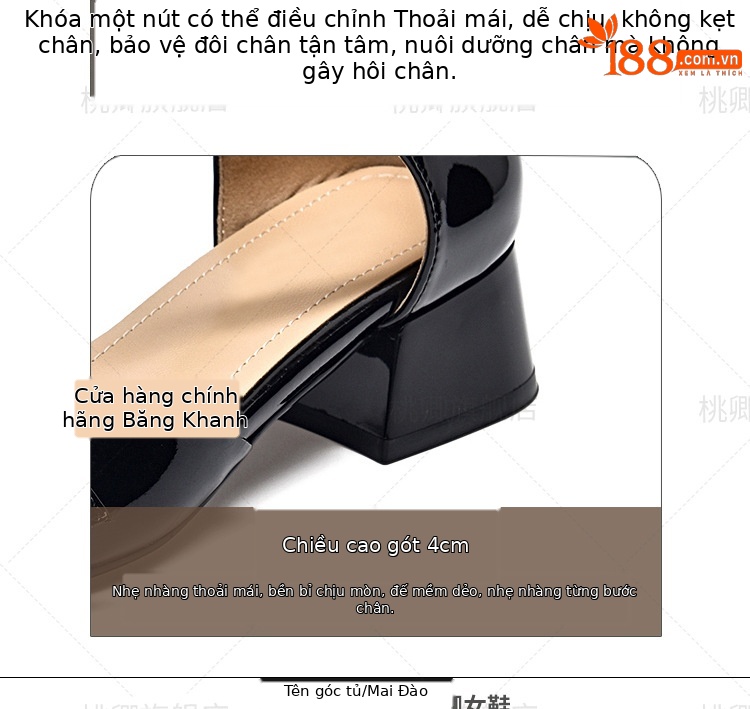 Giày sandal nữ da bóng mũi kín gót vuông ổn định, đế mềm, phối đầm mùa hè — Màu đen chi tiết 5