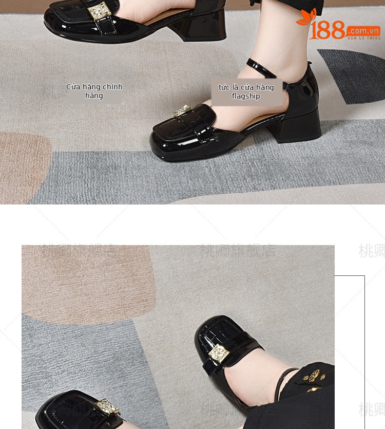 Giày sandal nữ da bóng mũi kín gót vuông ổn định, đế mềm, phối đầm mùa hè — Màu đen chi tiết 7
