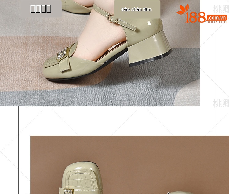 Giày sandal nữ da bóng mũi kín gót vuông ổn định, đế mềm, phối đầm mùa hè — Màu đen chi tiết 12