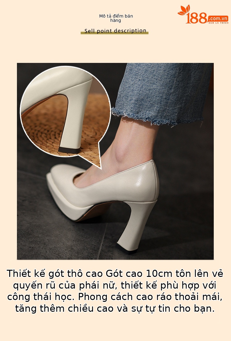 Giày cao gót nữ da thật gót thô miệng nông đế platform tăng chiều cao — Màu đen, Màu vàng cam, Màu trắng be chi tiết 2