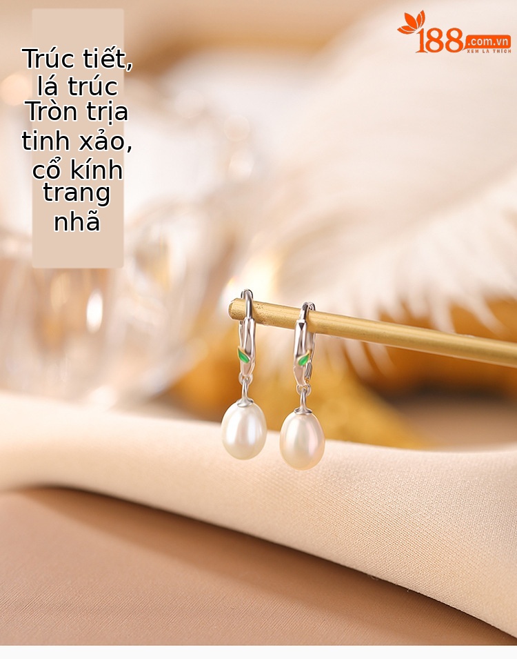 Bông tai bạc S925 đính ngọc trai và men tre hạt tròn phong cách đơn giản thời trang — Một cặp chi tiết 1