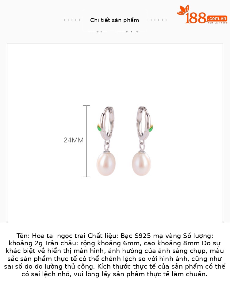 Bông tai bạc S925 đính ngọc trai và men tre hạt tròn phong cách đơn giản thời trang — Một cặp chi tiết 2