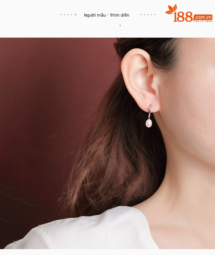 Bông tai bạc S925 đính ngọc trai và men tre hạt tròn phong cách đơn giản thời trang — Một cặp chi tiết 3