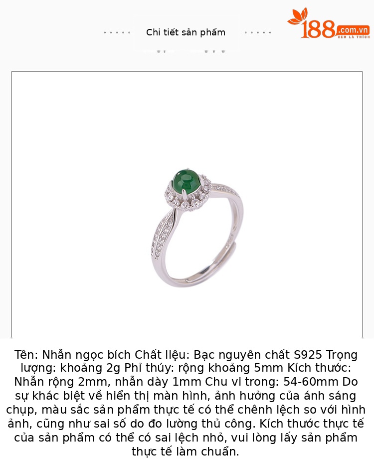 Nhẫn nữ bạc S925 đính ngọc bích cao cấp phong cách đơn giản sang trọng — Mở một size chi tiết 2