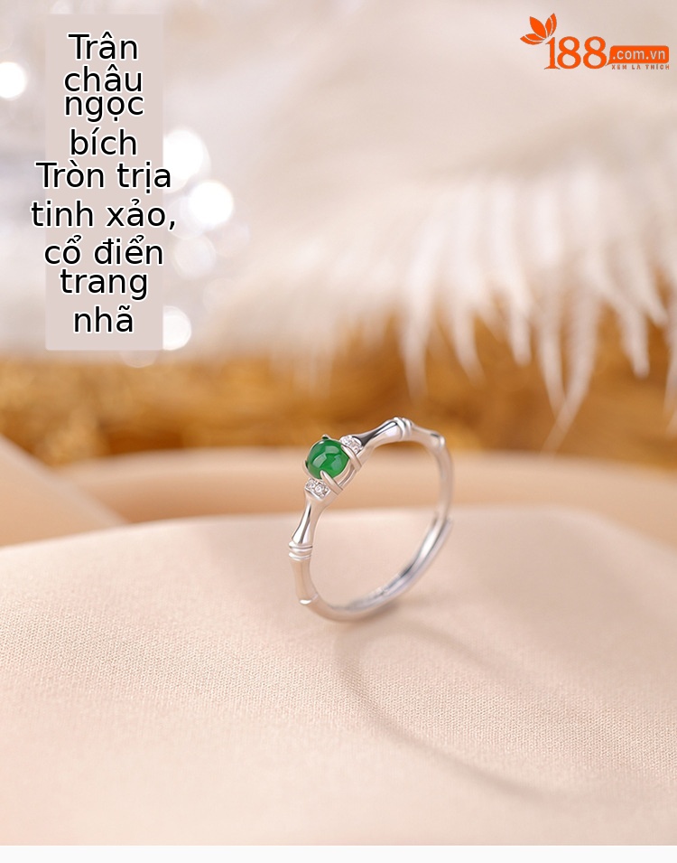 Nhẫn bạc S925 mở điều chỉnh hạt tròn treo ngọc bích hình hươu — Mở một size chi tiết 1