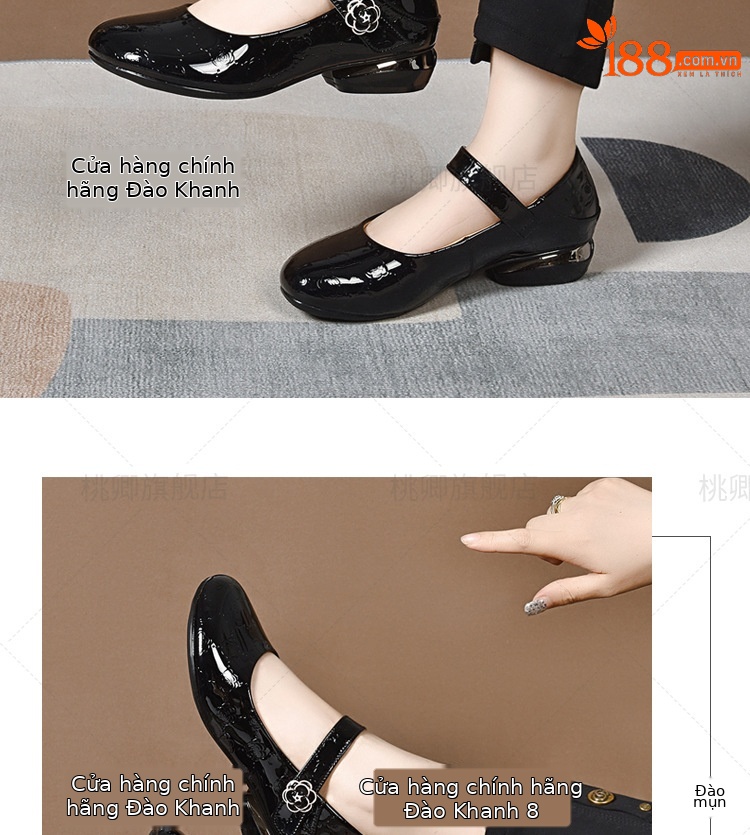 Giày Mary Jane nữ da sáng chế mũi tròn đế bệt miệng nông — Màu đen chi tiết 7