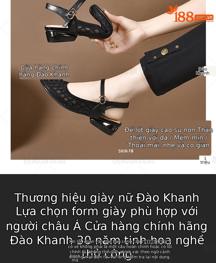 Dép sandal nữ mũi tròn đế bệt da thật gót dày khoét lỗ — Màu đen chi tiết 2