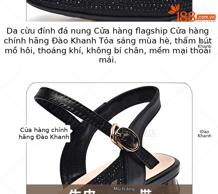 Dép sandal nữ mũi tròn đế bệt da thật gót dày khoét lỗ — Màu đen chi tiết 4