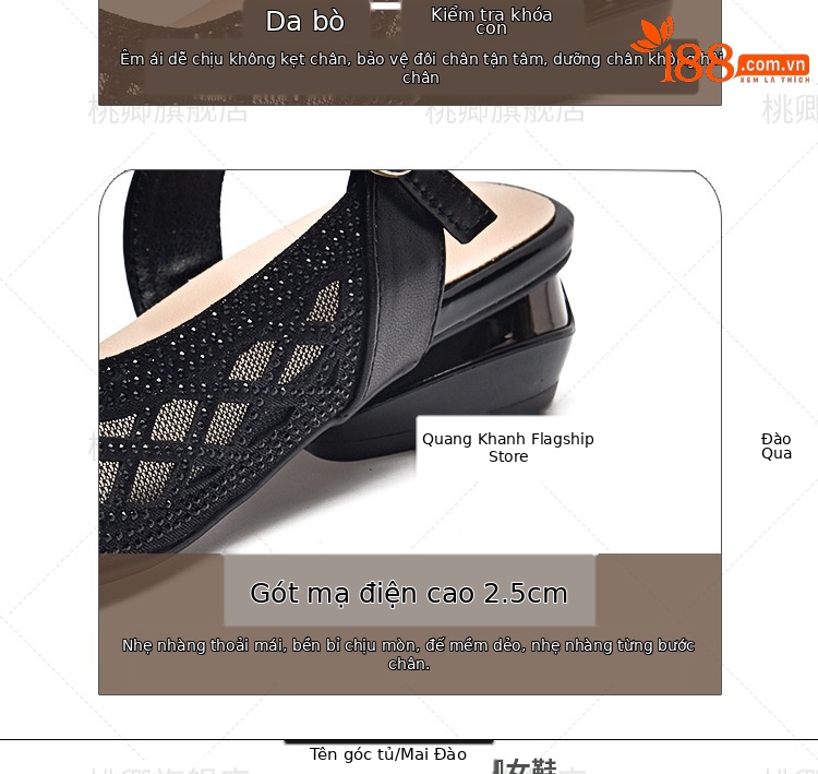 Dép sandal nữ mũi tròn đế bệt da thật gót dày khoét lỗ — Màu đen chi tiết 5