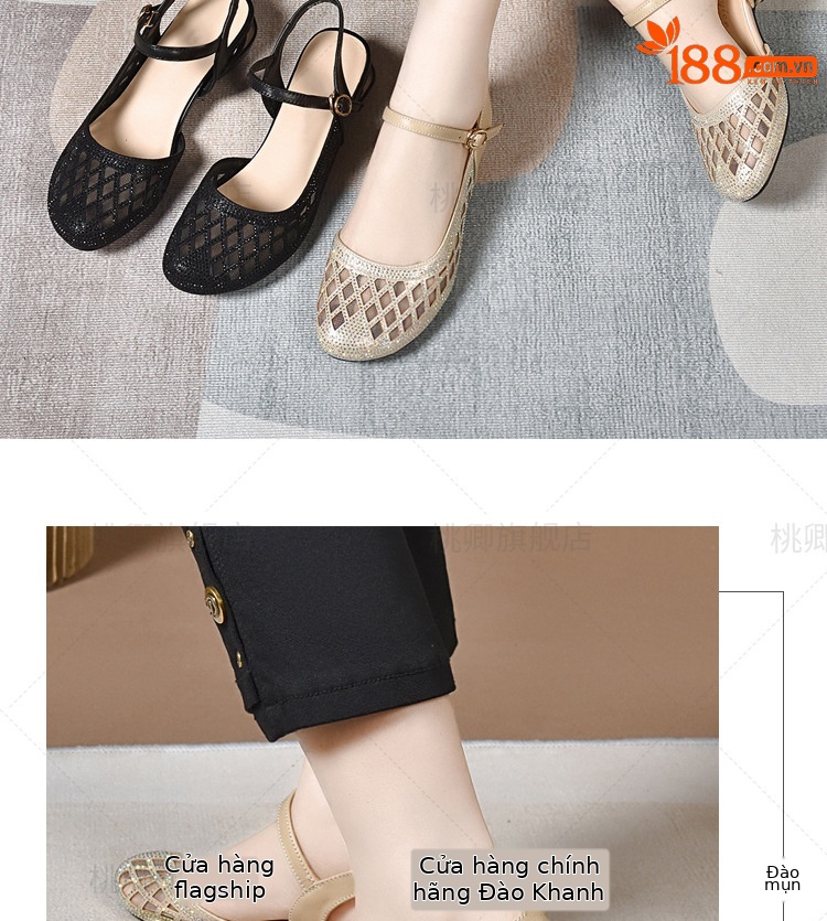 Dép sandal nữ mũi tròn đế bệt da thật gót dày khoét lỗ — Màu đen chi tiết 7