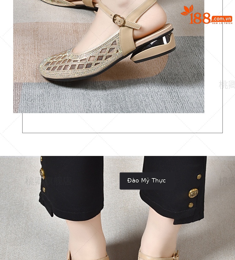 Dép sandal nữ mũi tròn đế bệt da thật gót dày khoét lỗ — Màu đen chi tiết 8