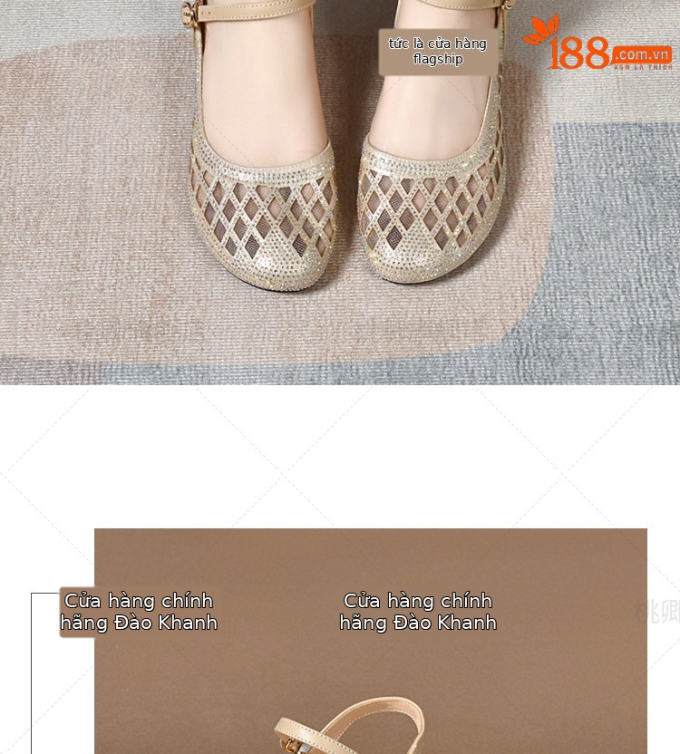 Dép sandal nữ mũi tròn đế bệt da thật gót dày khoét lỗ — Màu đen chi tiết 9