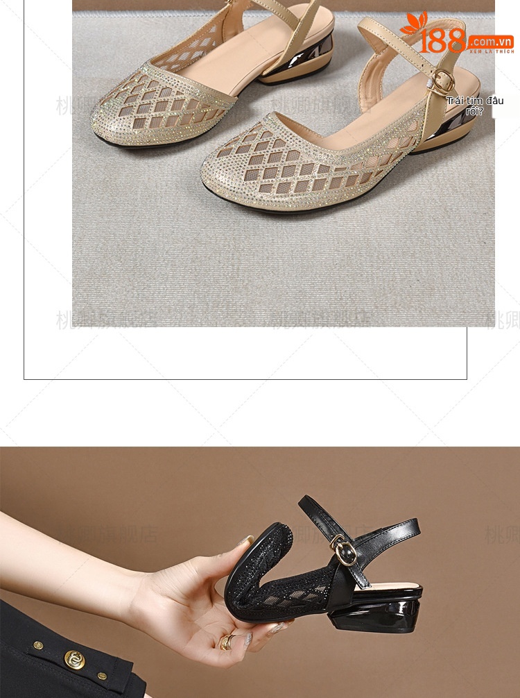 Dép sandal nữ mũi tròn đế bệt da thật gót dày khoét lỗ — Màu đen chi tiết 10