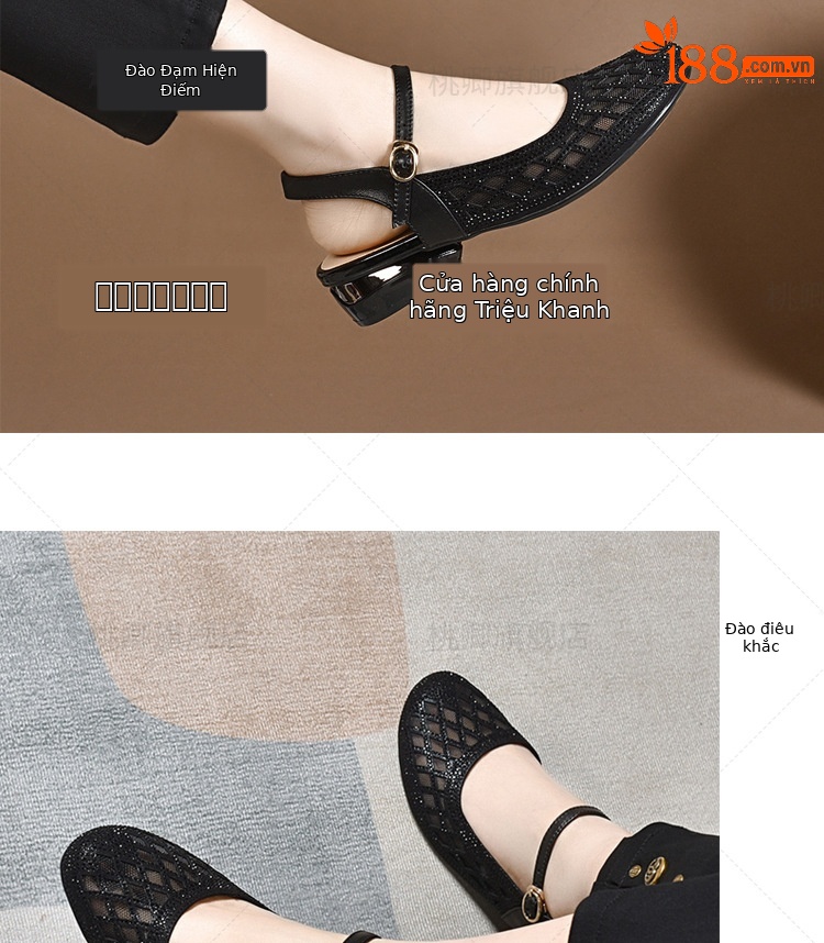 Dép sandal nữ mũi tròn đế bệt da thật gót dày khoét lỗ — Màu đen chi tiết 11