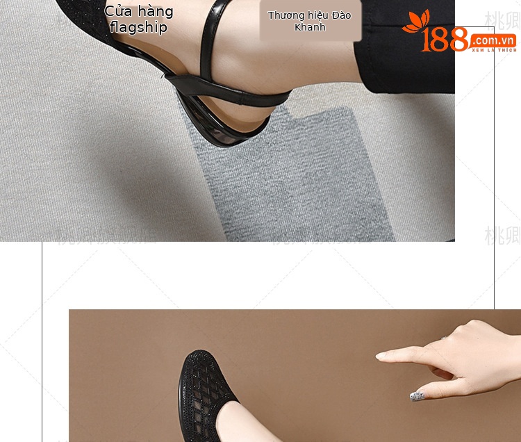 Dép sandal nữ mũi tròn đế bệt da thật gót dày khoét lỗ — Màu đen chi tiết 12