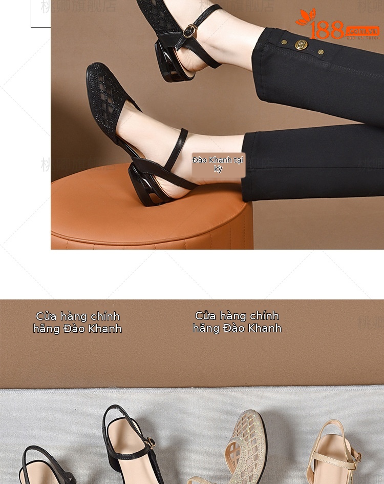 Dép sandal nữ mũi tròn đế bệt da thật gót dày khoét lỗ — Màu đen chi tiết 13