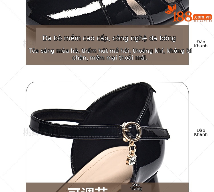 Sandal da bóng nữ mũi nhọn gót thấp phối váy — Màu đen chi tiết 4