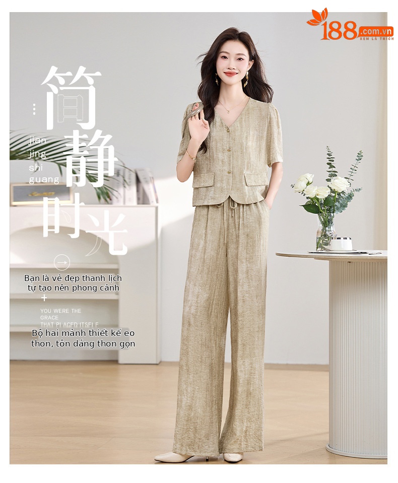 Bộ đồ công sở nữ mùa hè áo vest nhỏ phối quần ống rộng hai mảnh HE9837 — Màu hồng, Màu Kaki chi tiết 1