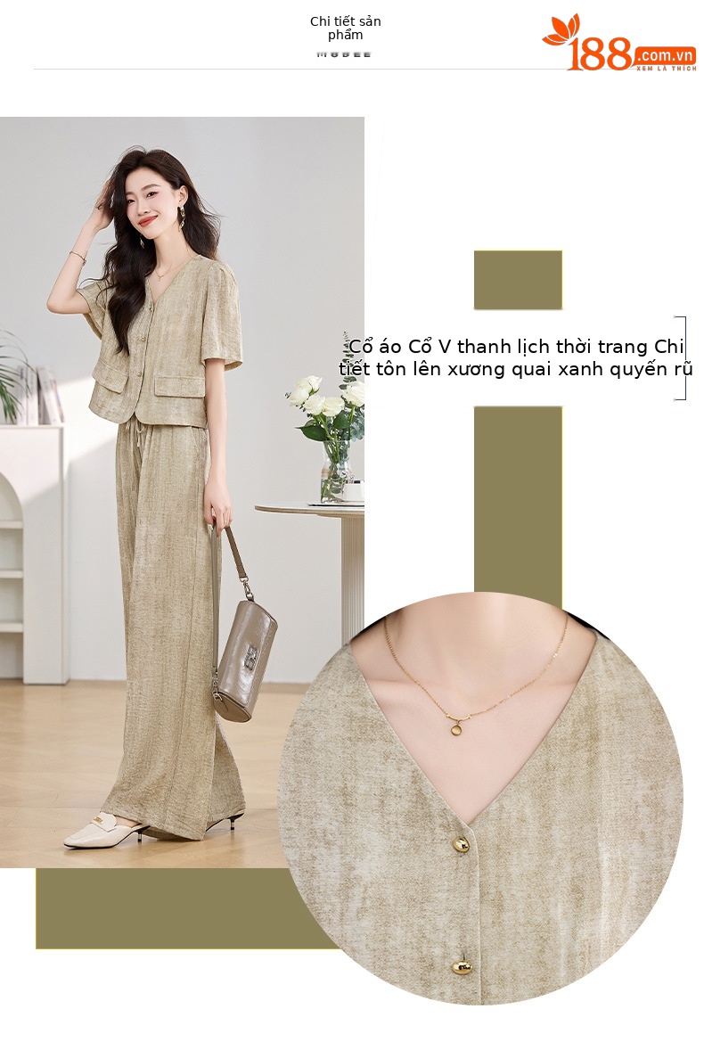 Bộ đồ công sở nữ mùa hè áo vest nhỏ phối quần ống rộng hai mảnh HE9837 — Màu hồng, Màu Kaki chi tiết 2