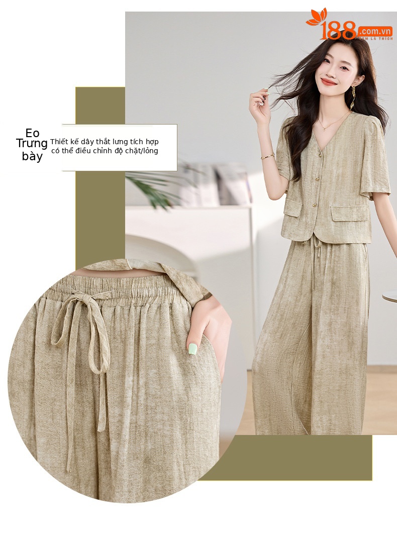 Bộ đồ công sở nữ mùa hè áo vest nhỏ phối quần ống rộng hai mảnh HE9837 — Màu hồng, Màu Kaki chi tiết 3