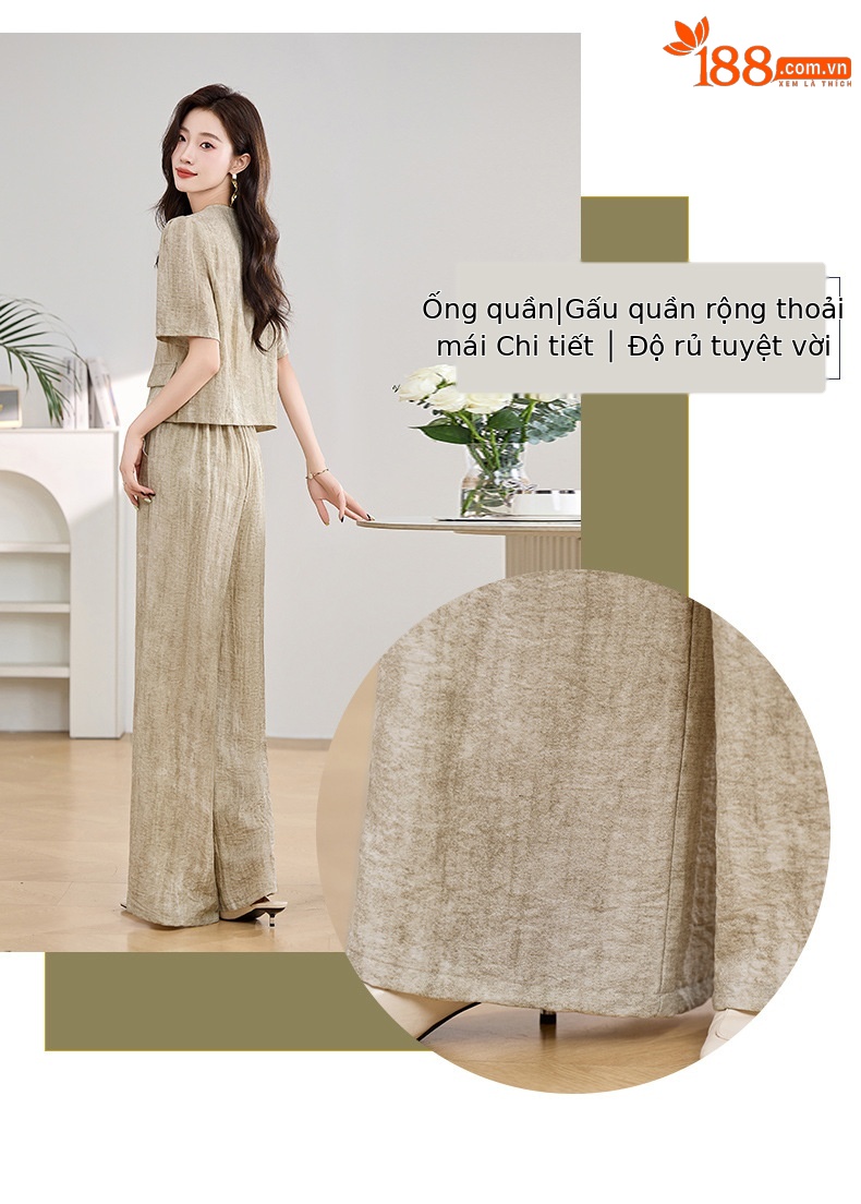 Bộ đồ công sở nữ mùa hè áo vest nhỏ phối quần ống rộng hai mảnh HE9837 — Màu hồng, Màu Kaki chi tiết 4