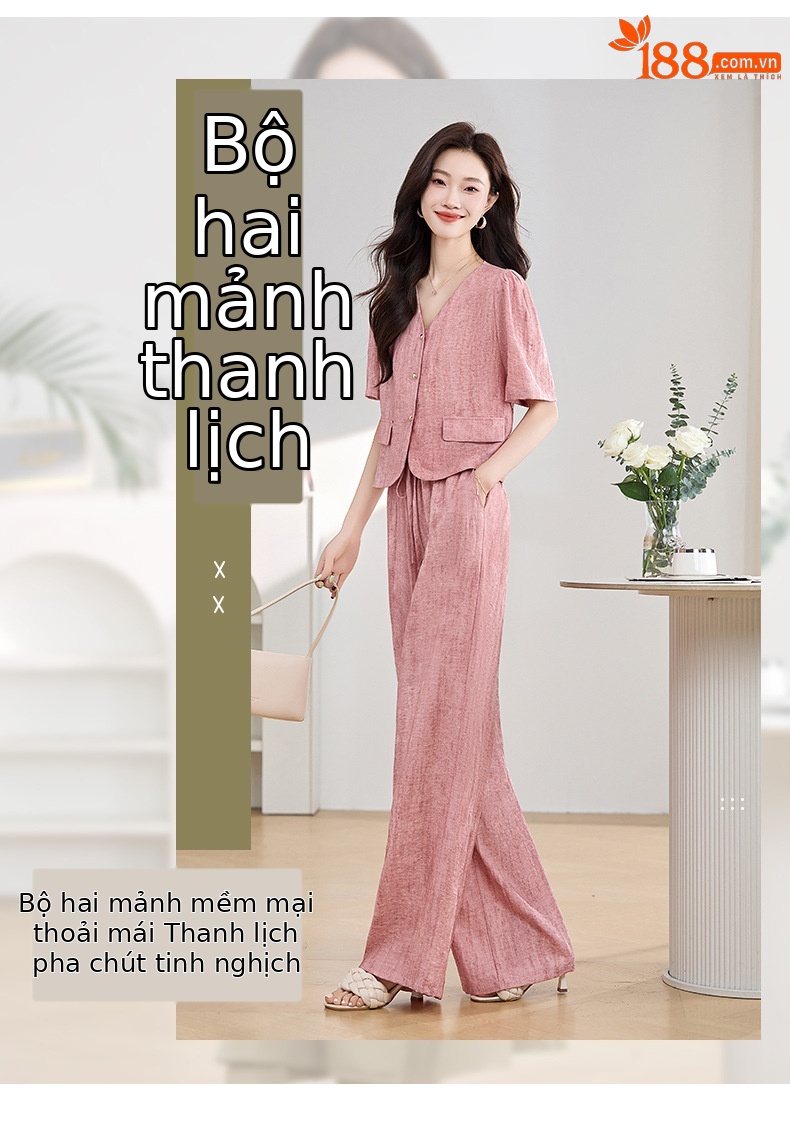 Bộ đồ công sở nữ mùa hè áo vest nhỏ phối quần ống rộng hai mảnh HE9837 — Màu hồng, Màu Kaki chi tiết 5