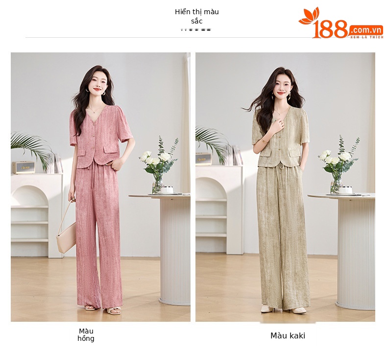Bộ đồ công sở nữ mùa hè áo vest nhỏ phối quần ống rộng hai mảnh HE9837 — Màu hồng, Màu Kaki chi tiết 6