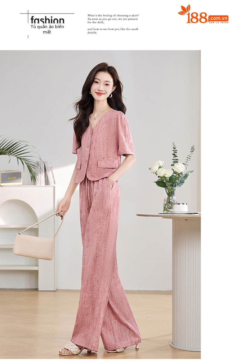 Bộ đồ công sở nữ mùa hè áo vest nhỏ phối quần ống rộng hai mảnh HE9837 — Màu hồng, Màu Kaki chi tiết 17