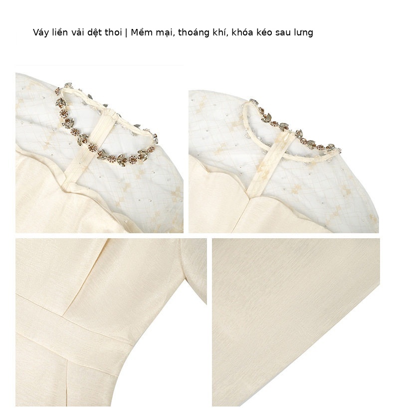 Đầm suông nữ midi tay phồng cổ tròn dáng chữ A — [Đen], [Trắng], [Xám], [Xanh dương] chi tiết 3