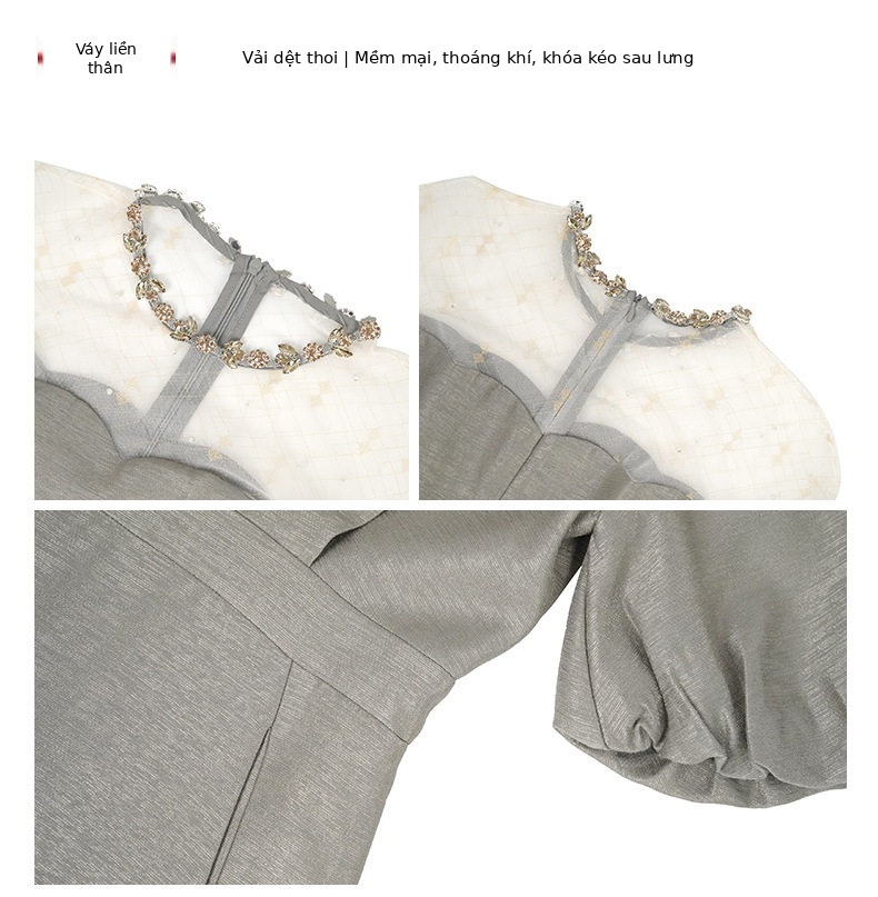 Đầm suông nữ midi tay phồng cổ tròn dáng chữ A — [Đen], [Trắng], [Xám], [Xanh dương] chi tiết 4