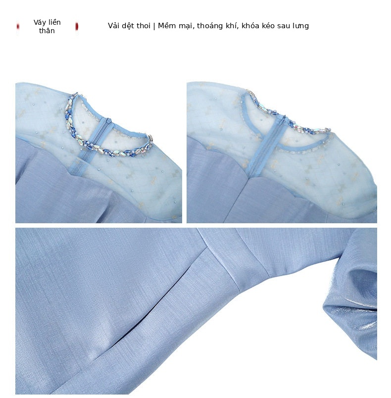 Đầm suông nữ midi tay phồng cổ tròn dáng chữ A — [Đen], [Trắng], [Xám], [Xanh dương] chi tiết 5